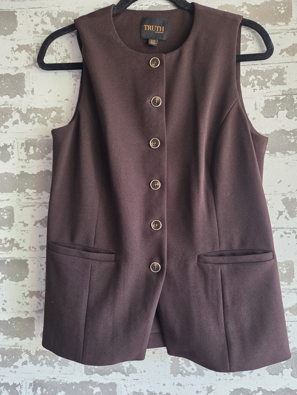 TRUTH by Republic Brown Button Front Vest Sz M Crepe Fabric Tailored Boho